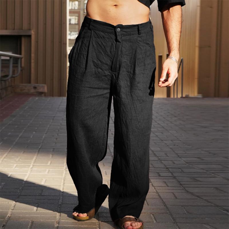 Pantaloni larghi dritti da uomo, casual, autunnali, larghi, tinta unita, in cotone e lino, vintage, a vita media