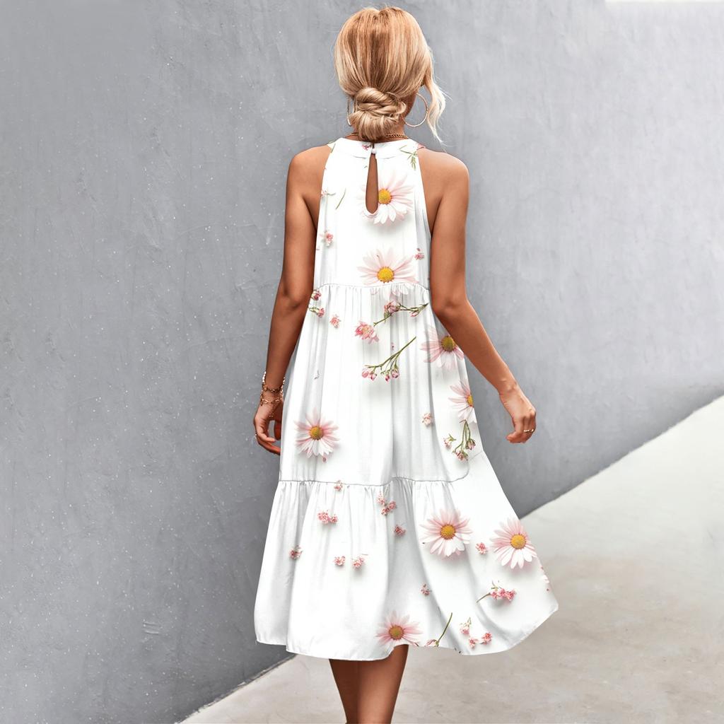 Women's Summer Sleeveless Valentine's Day Printed Loose Splicing Casual Hanging Neck Beach Dresses