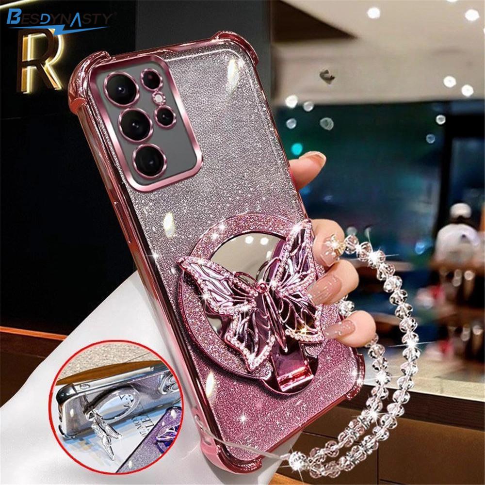 For Samsung S26 Ultra S25 FE S26Edge S24 S23 S22 Plus Crystal Bracelet Glitter Butterfly Mirror Stand Case Shockproof Cover