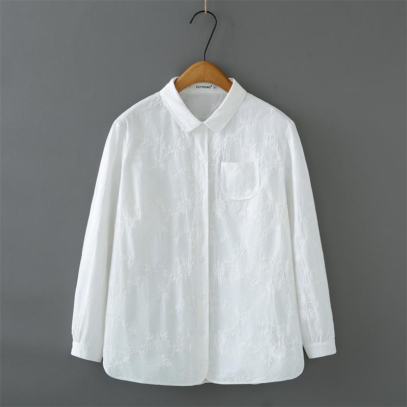 2026 Spring Plus Size Women s Embroidered Cotton Polo Collar White Shirt, Long Sleeve Cardigan 2XL