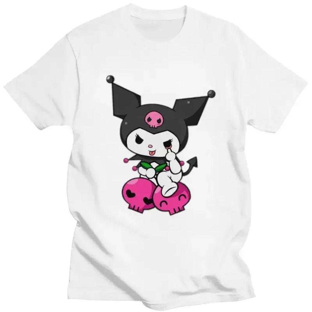 Vintage Kuromi Skull Cartoon Cat T Shirt Men Short Sleeves Soft Cotton T-shirt Streetwear Harajuku Leisure Tee Fashion Tshirts