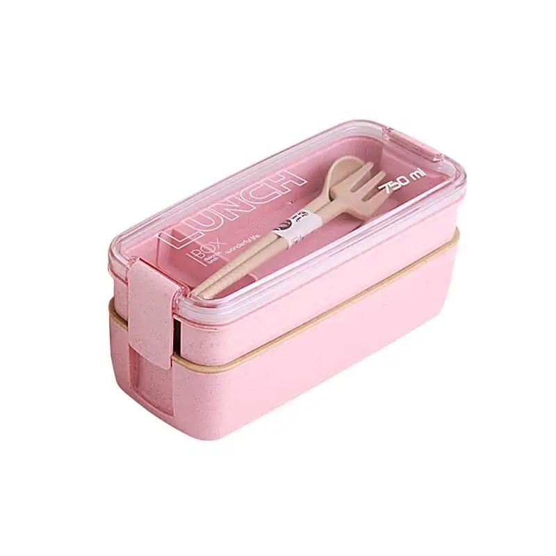 

750ml Healthy Material 2 Layer Lunch Box Wheat Straw Bento Boxes Microwave Dinnerware Food Storage Container Lunchbox рожевий