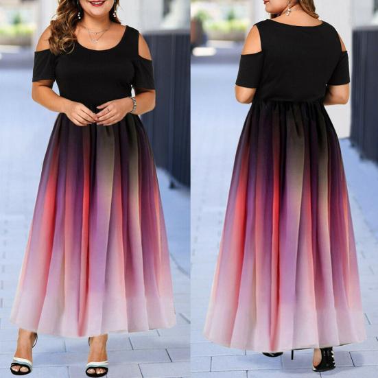 Plus Size Women O Neck Cold Shoulder Gradient Print Waist Tight Long Party Dress