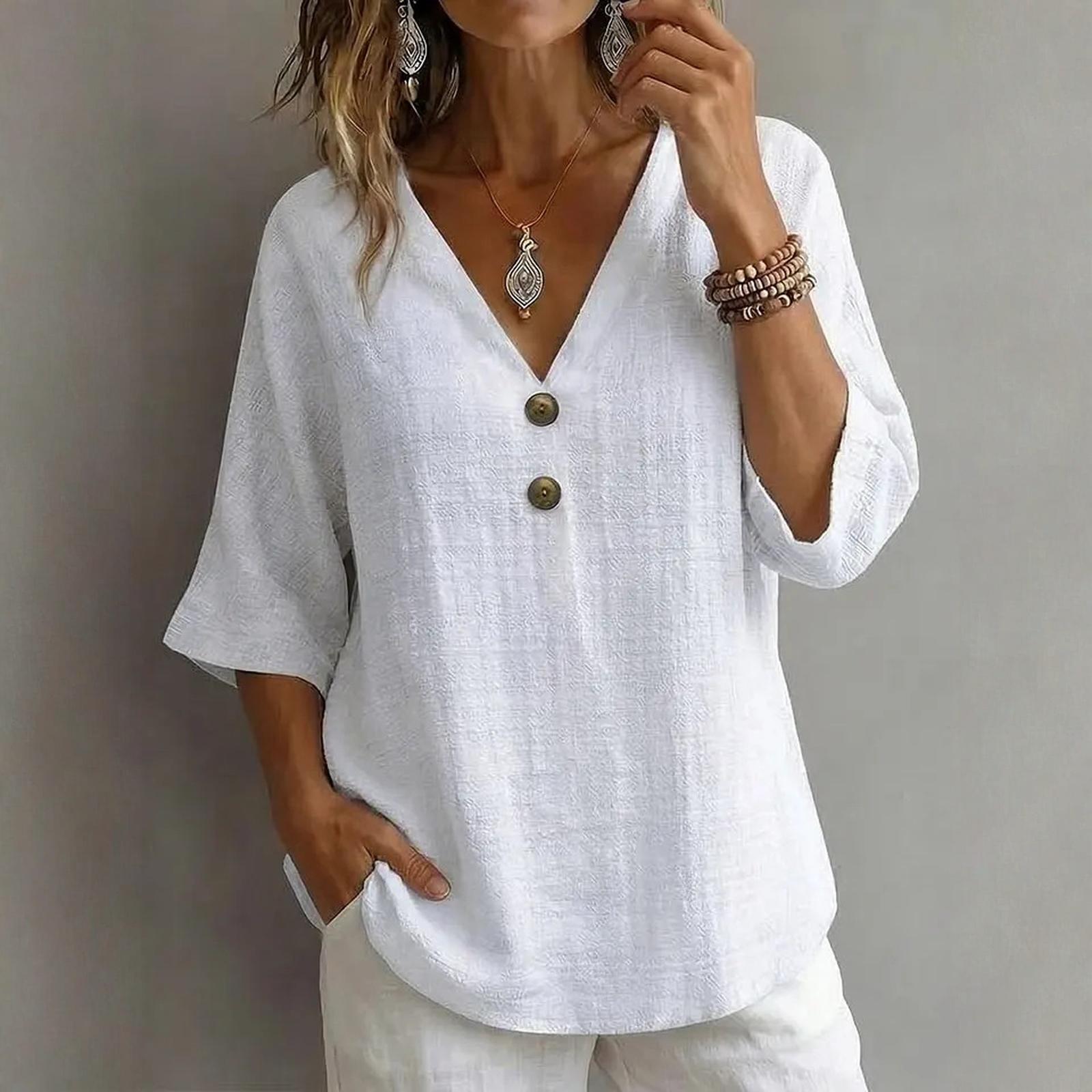 Женская модная многоцветная свободная блузка с V-образным вырезом и пуговицами L белый