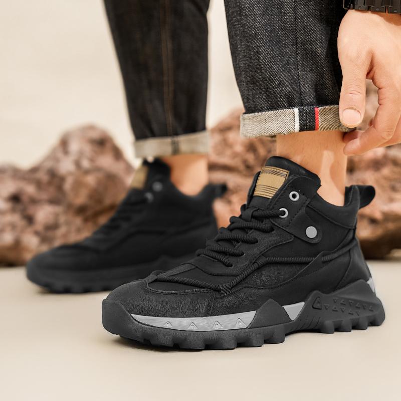 Fashion Spring Autumn Men Shoes High Top Fashion Motorcycle Leather Shoes Outdoor Leisure Comfortable Boots Male Lace-Up Botas