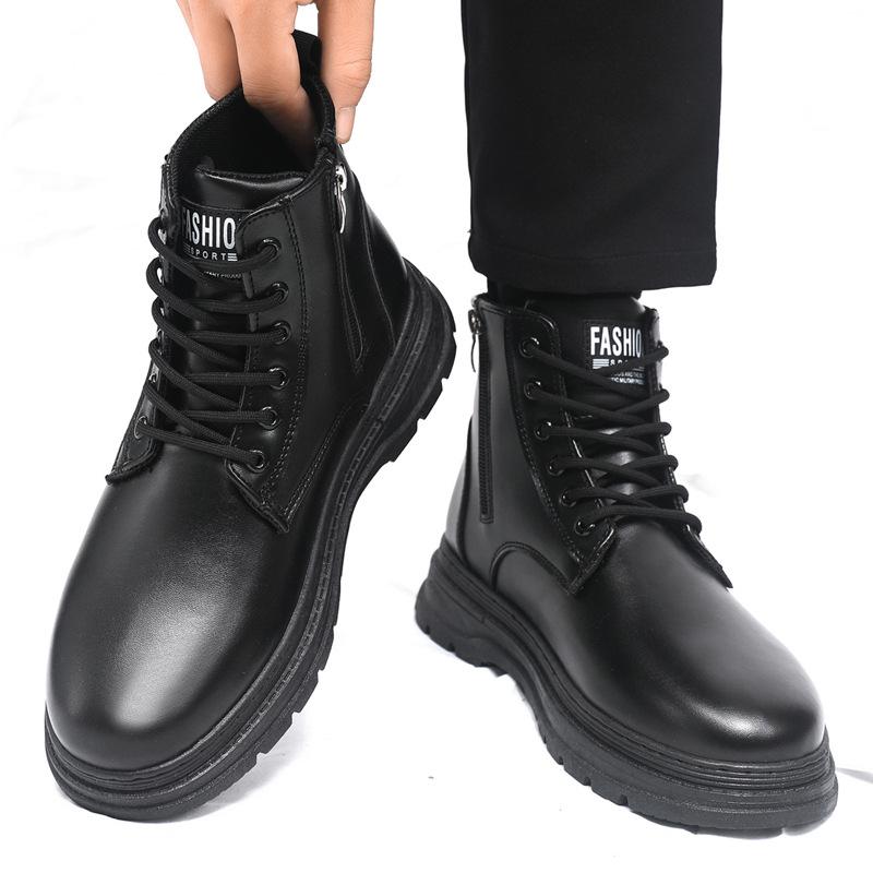 New Men's Plus Size High Top Leather Boots British Style Round Toe PU Leather Comfortable Non-Slip Casual Autumn Shoes