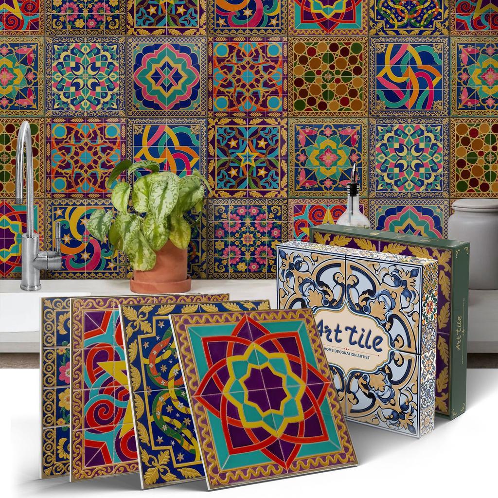 PET Foam Thickened Self-adhesive Wall Sticker, Waterproof and Anti-fouling European Mandala Wallpaper Tile Sticker for Kitchen and Bedroom