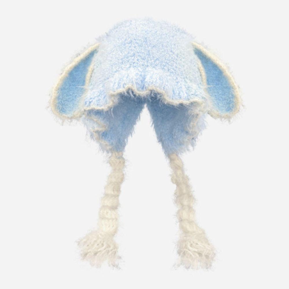 Fuzzy Texture Earflap Beanie Hat Braided Tassels Plush Winter Hat Bunny Ear Hat Autumn Wear