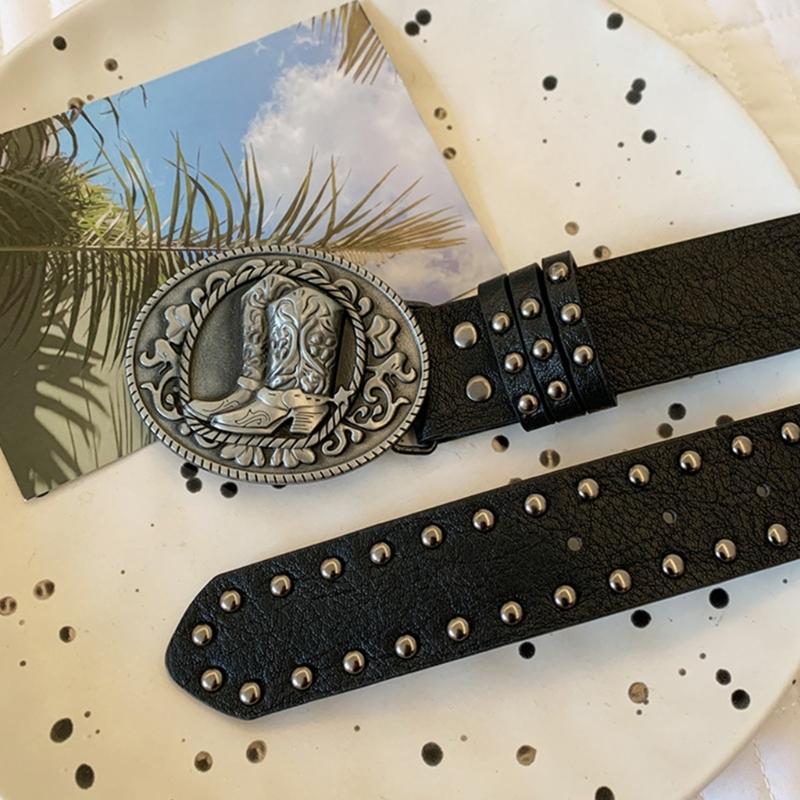 Punk Adjustable Women's Belt Embellished with Retro Studs and Carved Detailing for Edgy Fashion Looks