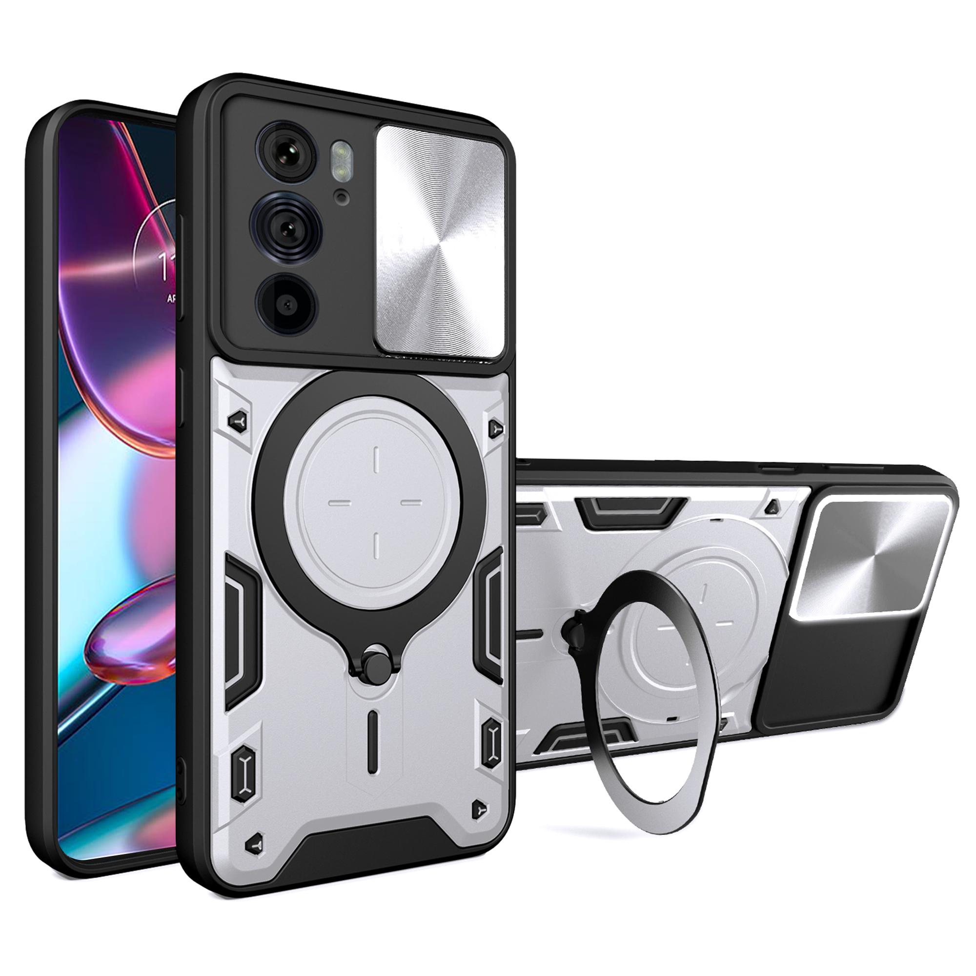 

For Motorola Edge 30 Pro (Motorola Edge+ (2022)) Slide Camera Lid Ring Kickstand PC+TPU Phone Case Silver
