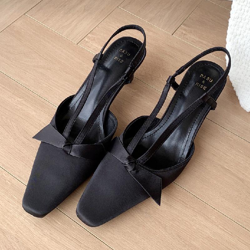 Fashion Elegant Bow Satin Square Toe Pumps Women Fashion Narrow Band Kitten Heel Design Slide Sandals Comfort Casual Brand Dress Shoes