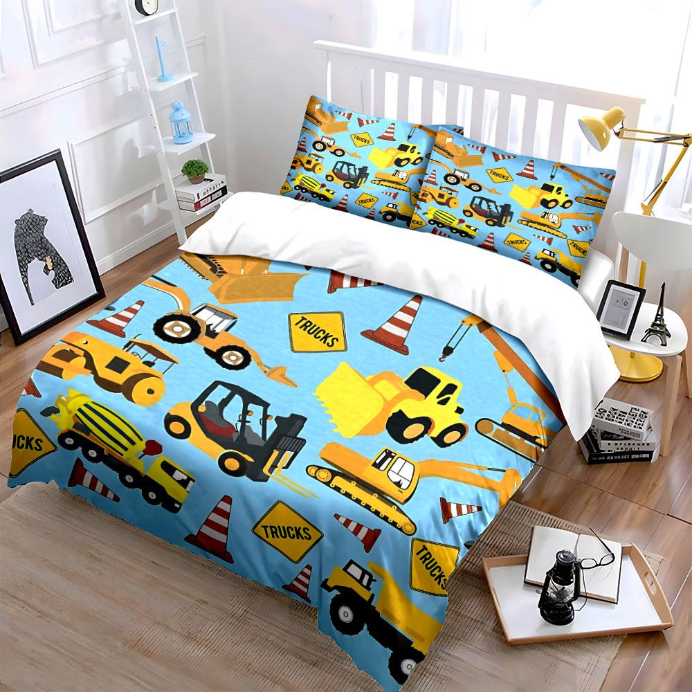 Construction Vehicle Themed Decorative Set Kid'S And Adults' Bedroom Decor, Exquisite Three-Piece Bedding Set Gift