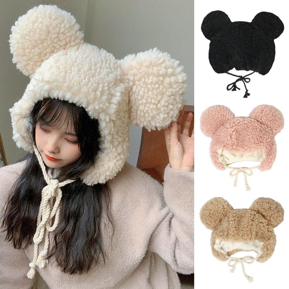 Cute Bear Ears Bomber Hats Cashmere Cycling Cap Fashion Windproof Cap  for Women