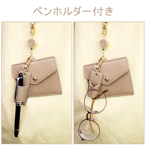 boshiho Name Tag Case, Neck Hanging, Stylish, Horizontal, Double-Sided, Reel, Pen Holder, Neck Strap Included, Genuine Leather, ID Card Holder