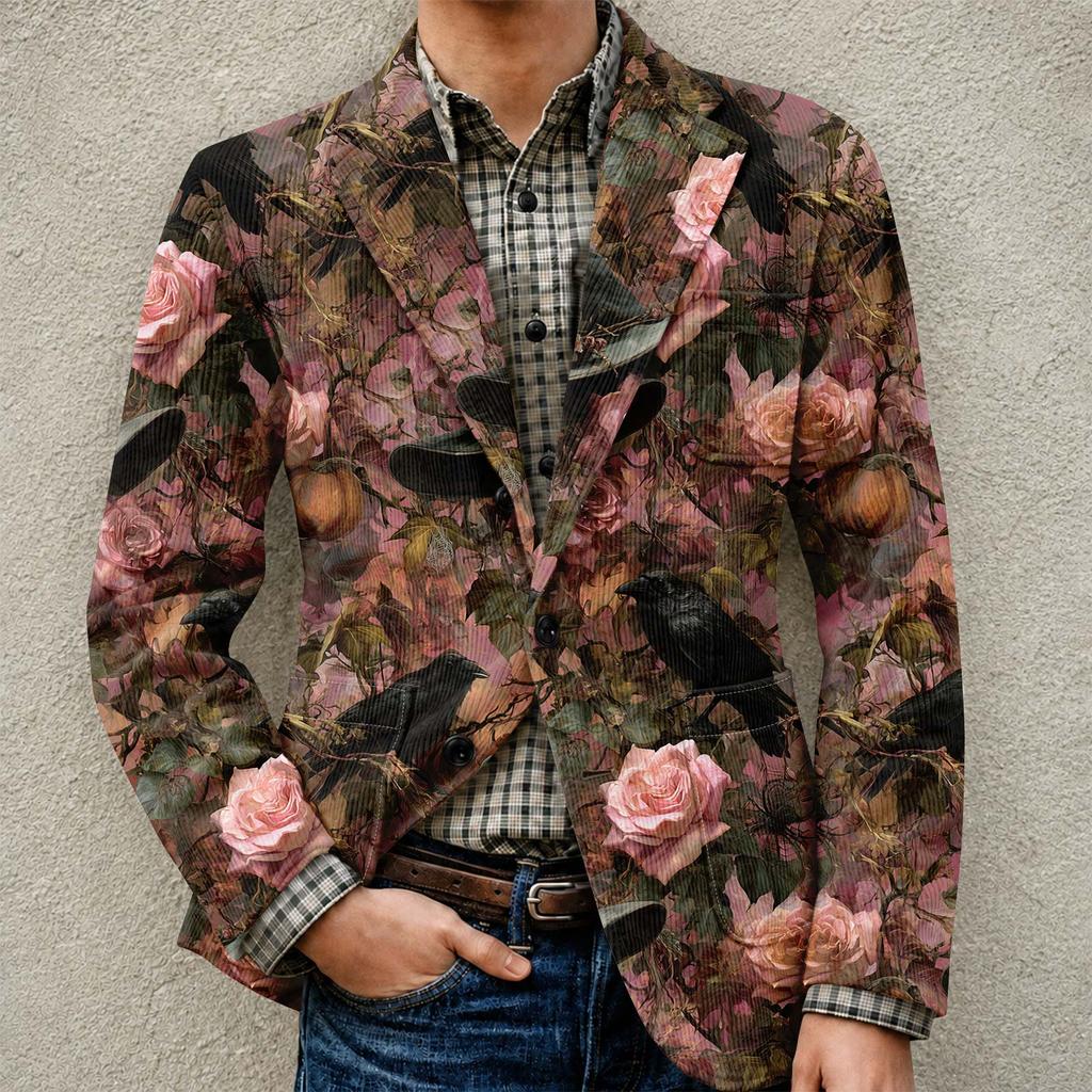 Men's Halloween Print Corduroy Warm Pocket Blazer Jacket Casual Suit Coat Lightweight Buttoned Front Outerwear for Fall Winter