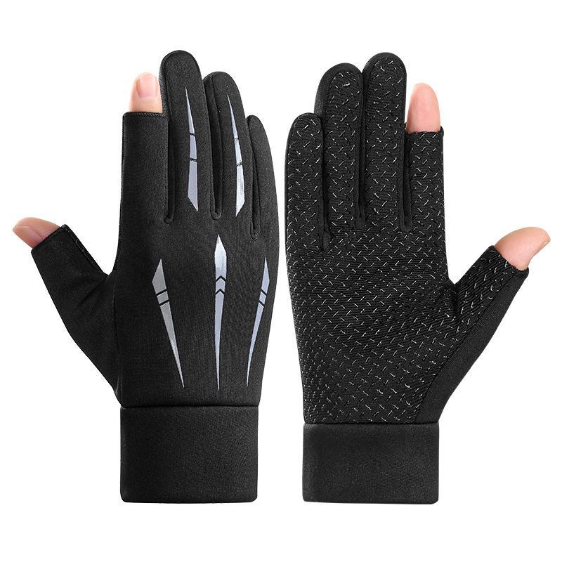 Men's Winter Touchscreen Cycling & Driving Gloves - Velvet Lined, Non-Slip, Two-Finger Design for Motorcycling and Fishing.