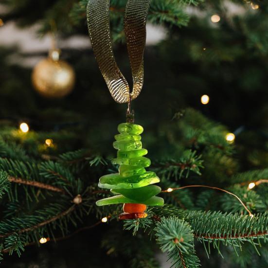 Yousheng Sea Glass Christmas Tree Ornament Sea Glass Tree Resin Craft Ocean Beach Xmas Hanging Ornament for Home Collection Holiday Decoration
