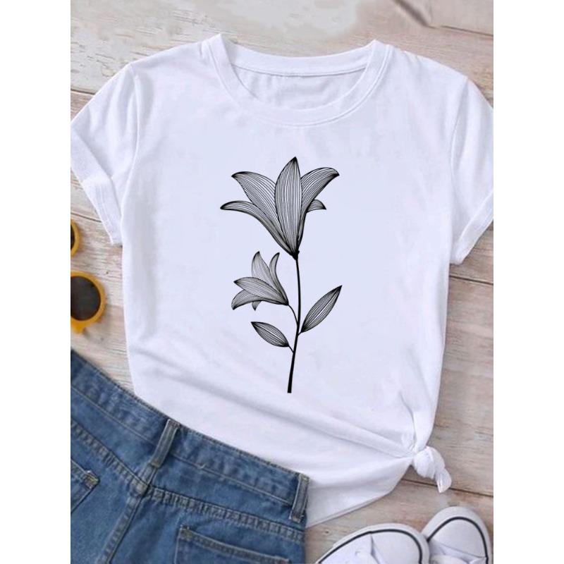 European Size Clothing T Shirt Tee Top Watercolor Trend 90s Flower Women Woman Print Fashion Female Short Sleeve Graphic T-shirts