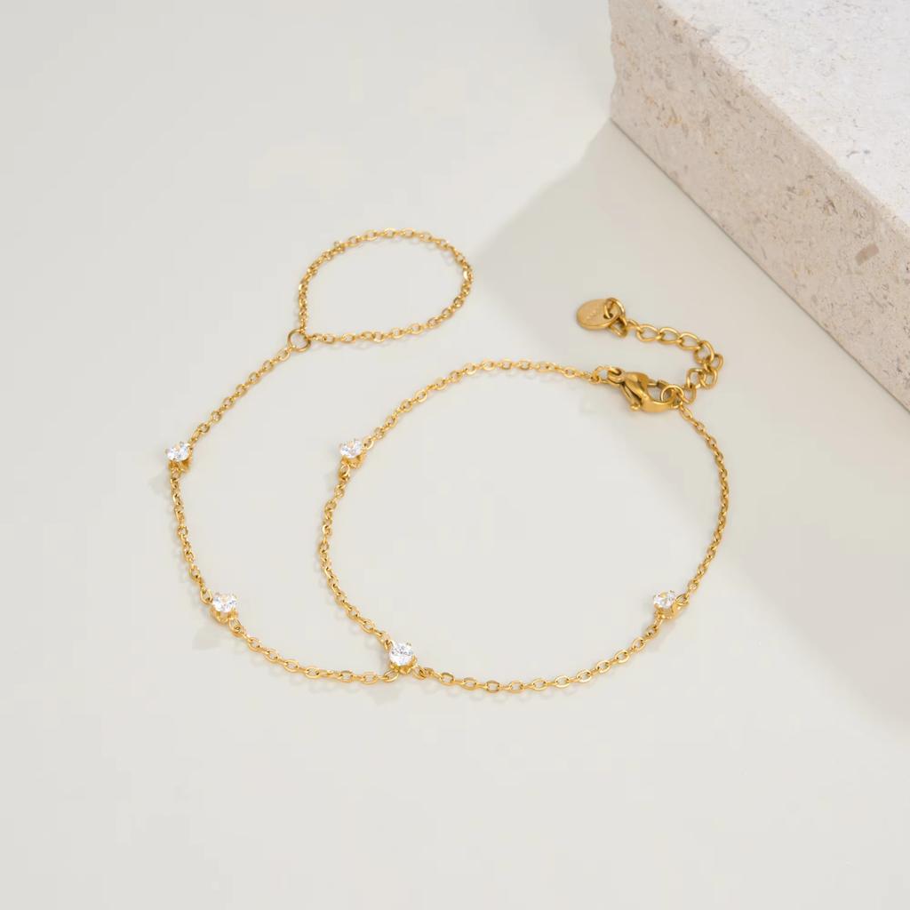 Stainless Steel 18k Gold Plated Minimalist Sparkling Zircon Hand Chains Y-Shaped Ring Bracelets for Women Tarnish Free Jewelry