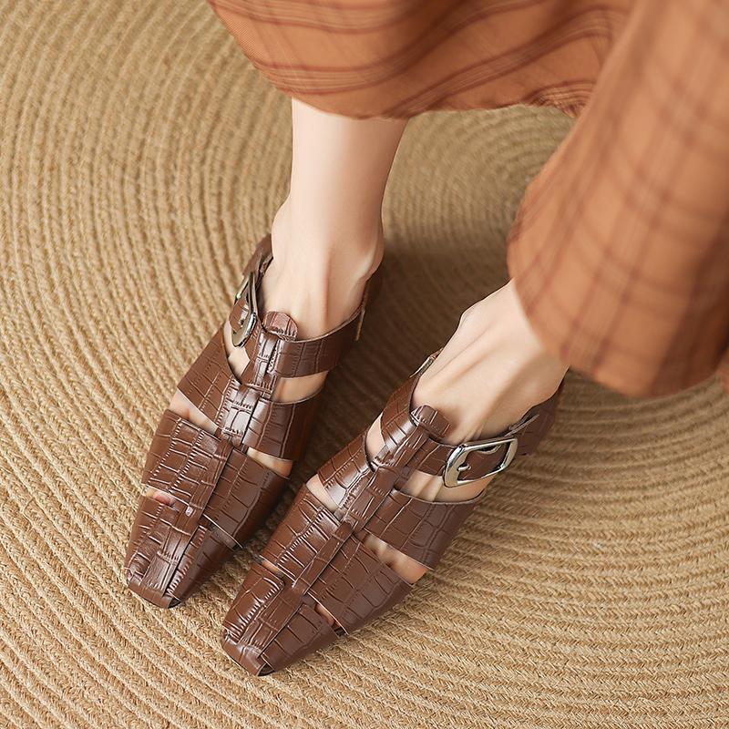 Fashion Women's Cow Leather Square Toe Hollow-out Ankle Strap Low-heel Sandals High Quality Soft Comfortable Elegant Ladies Daily Shoes