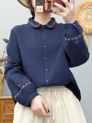 Women's Embroidered Cotton Gauze Shirt - Long Sleeve, Chinese Style, Skin-Friendly, Soft Pure Cotton Collar Top