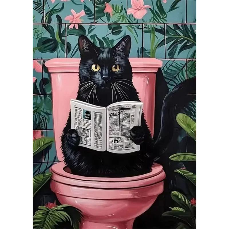 Funny Cat On Toilet Wall Art Cat Reading Newspaper Canvas Posters Print Picture for Home Bathroom Living Room Decor No Frame