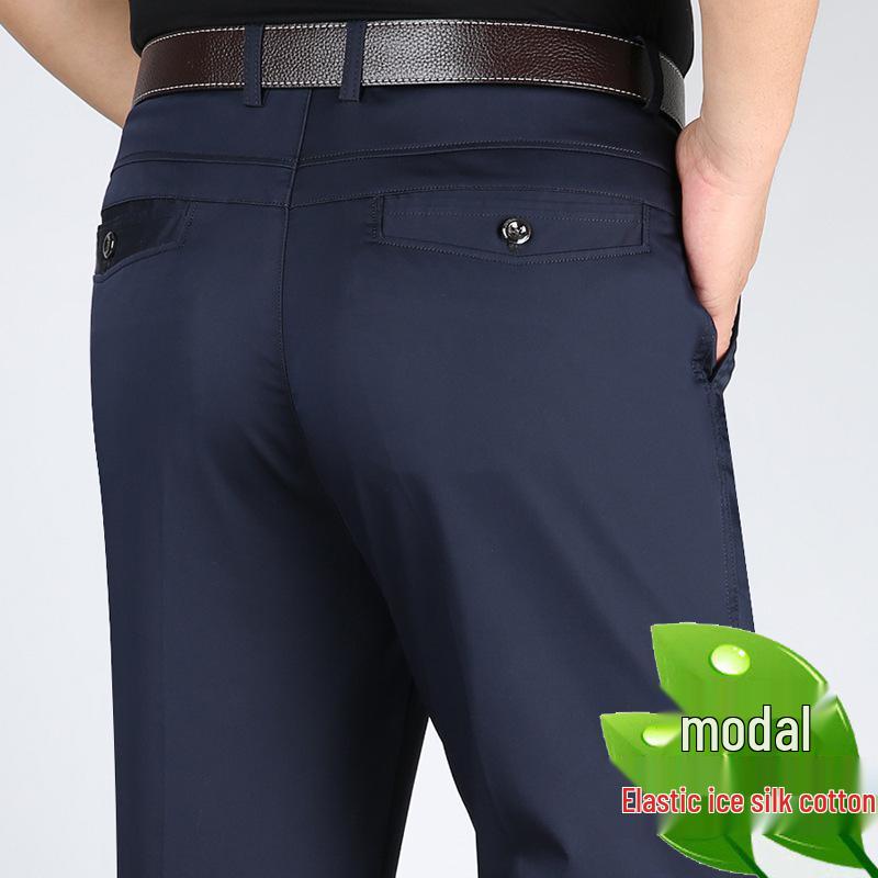 Men's High Waist Tencel Ice Silk Cotton Pants: Spring/Summer Casual, Straight-Leg, Non-Iron, Loose Fit.