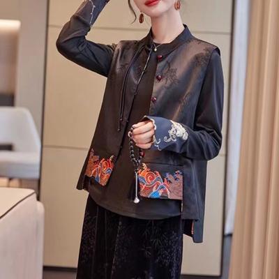 Spring and Autumn Retro Chinese Style National Style Embroidery Ethnic Style Printing Double-sided Wear Fashion Stand-up Collar Short Vest Women