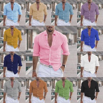 Fashion Men's Shirts Summer Cotton Linen Lapel Beach Shirt Long-sleeved Solid-coloured Shirts Casual Versatile Tops
