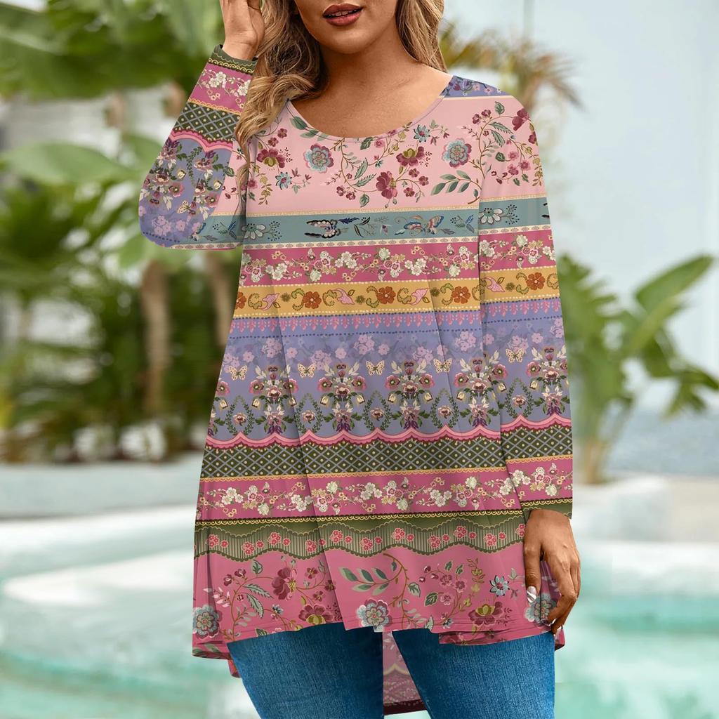 Women's Fashion Large Size Round Neck Long Sleeve Casual Print Loose Pullover Top