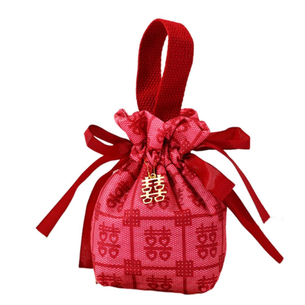 

4Pcs Reusable Drawstring Gift Bags Floral Small Flower Wrist Bag Fashion Festive Sugar Bag Party Red-Double Happiness
