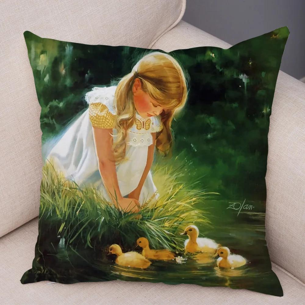 Cute Cartoon Children Cushion Cover Decor Harajuku Oil Painting Lady Pillowcase for Sofa Home Soft Plush Throw Pillow Case