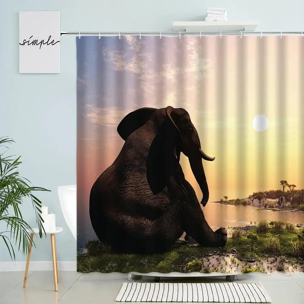 Elephant Shower Curtain Africa Wildlife Forest Natural Scenery Home Bathroom Wall Decor With Hook Waterproof Polyester Screen