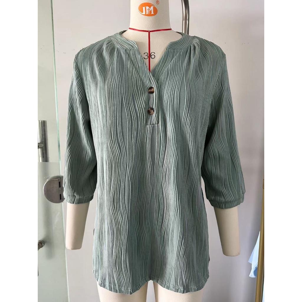 Spring Summer New Women's Solid Color V-Neck Loose Buttoned Half Sleeve T-Shirt Top Leisure Trade Europe America