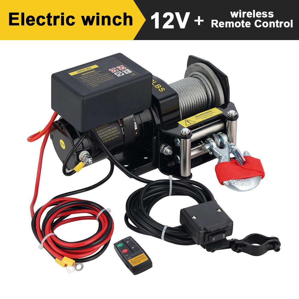 Troliu electric mini 12V/24V 2000lb Troliu pentru buggy de plajă Troliu DC Troliu portabil cu cablu de oțel cu telecomandă fără fir