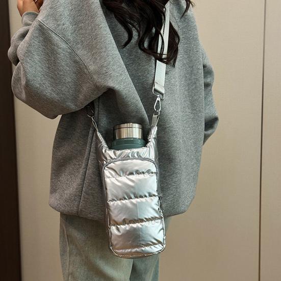 Water Cup Bag with Wide Shoulder Strap Double Zippered Pockets Waterproof Fabric Adjustable Strap Quilted Fabric Phone Bag