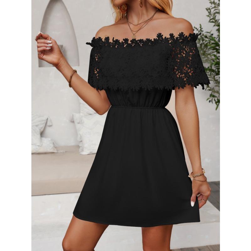 Vestido de verão feminino solúvel em água com renda e patchwork de uma linha e ombro de fora