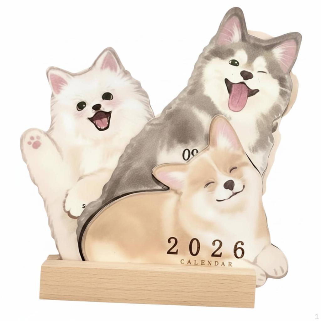 Cat Desk Calendar, Cute Cartoon Animal, Wooden Base, Japanese Style Decor