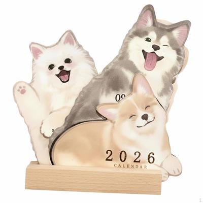 Cat Desk Calendar, Cute Cartoon Animal, Wooden Base, Japanese Style Decor
