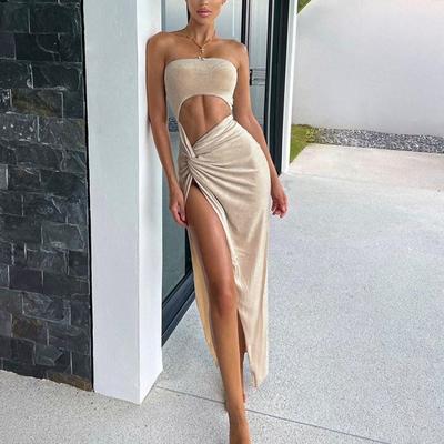 Elegant Women Split Hollow Out Strapless Sexy Dress Fashion Summer Skinny High Waist Irregular Evening Dress Party Club Sleeveless Lady Dresses 1079