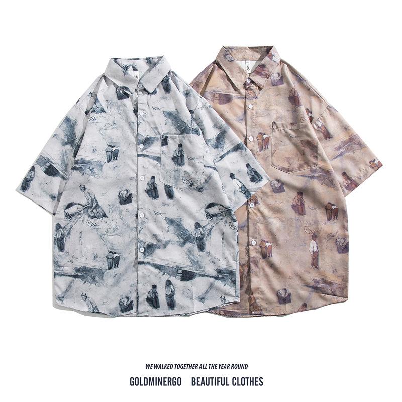 

Мужские повседневные рубашки Ретро Масляная живопись Печать Рубашки Tide Бренд Пары Летние рубашки Чистое Желание Рубашки Модные