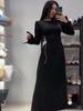 Women's 2025 Long Sleeve Round Neck Dress with Tie Waist, European Style Bell Sleeves, Fitted Waist for Autumn.