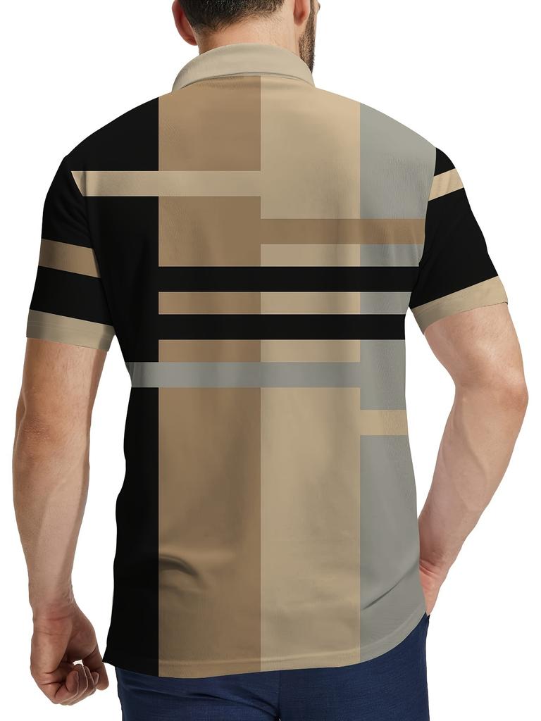 Printed Design – Not Textured Men's Casual Striped Shirt - Breathable Polyester Fiber, High Neck Button Design, Suitable for Golf and Sports, Machine