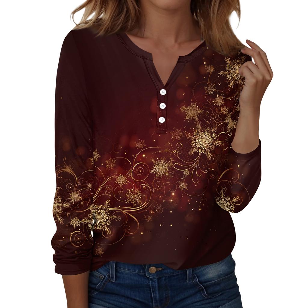 Women's Fashion Casual H Printed V-Neck Long Sleeve Decorative Button T-Shirt Tops