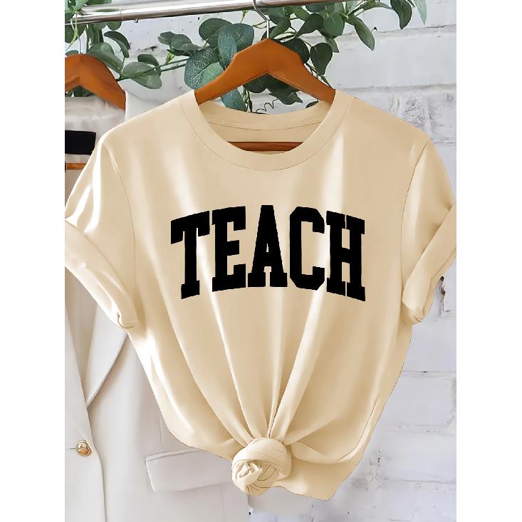 Women's Simple College-Style Printed Short Sleeve Shirt TEACH Letter Print Crew Neck T Shirt Elegant Party Holiday Casual Loose-fitting Top 2026
