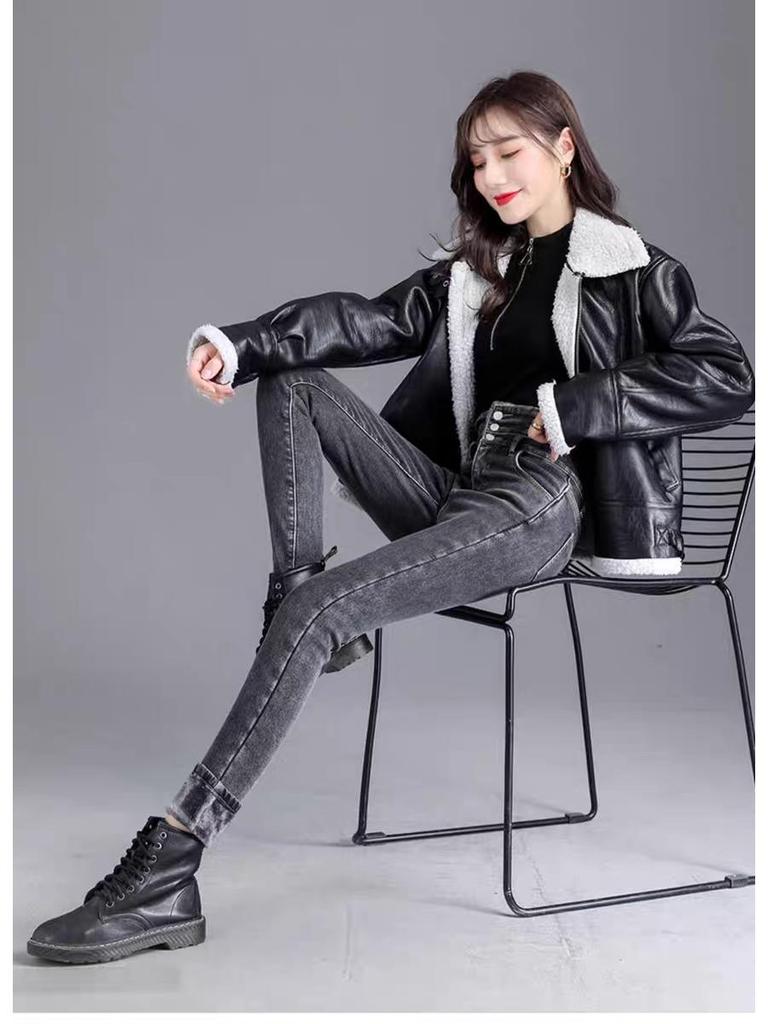 Women's High-Waisted Fleece-Lined Slimming Pencil Jeans - Autumn/Winter 2024 Straight-Leg Pants