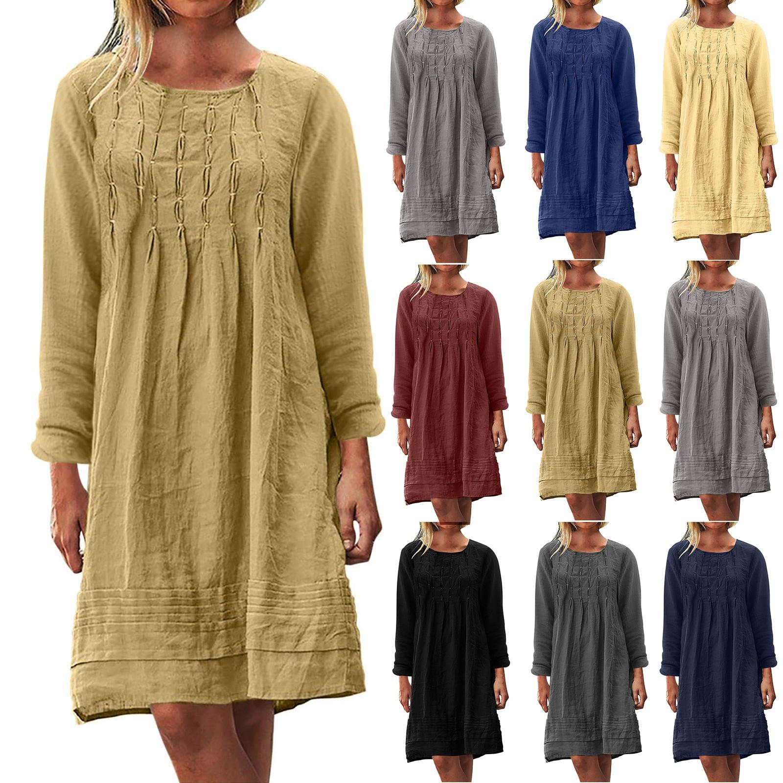 

Women s Round-neck Solid-color Loose Casual Cotton And Linen Dress L синий