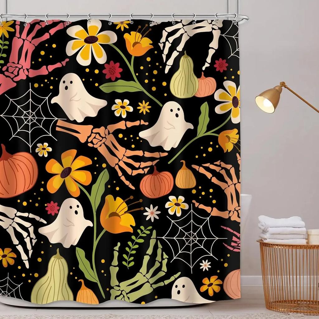 Halloween Scary Spooky Shower Curtain Pumpkin Bat Spider Scary Skeleton Holiday Gift Shower Curtains Bathroom Decor with Hooks