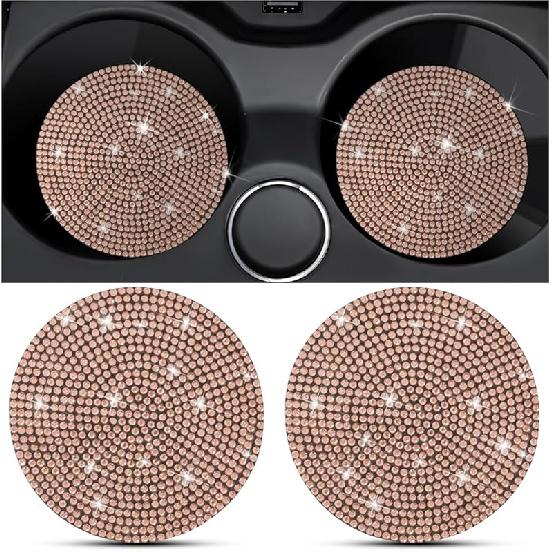 2PCS Bling Car Cup Holder Coaster, Crystal Rhinestone Non-Slip Ert Auto Cup Pads, Sparkling Vehicle Decor Bottle Mat Accessories For Women Girls,