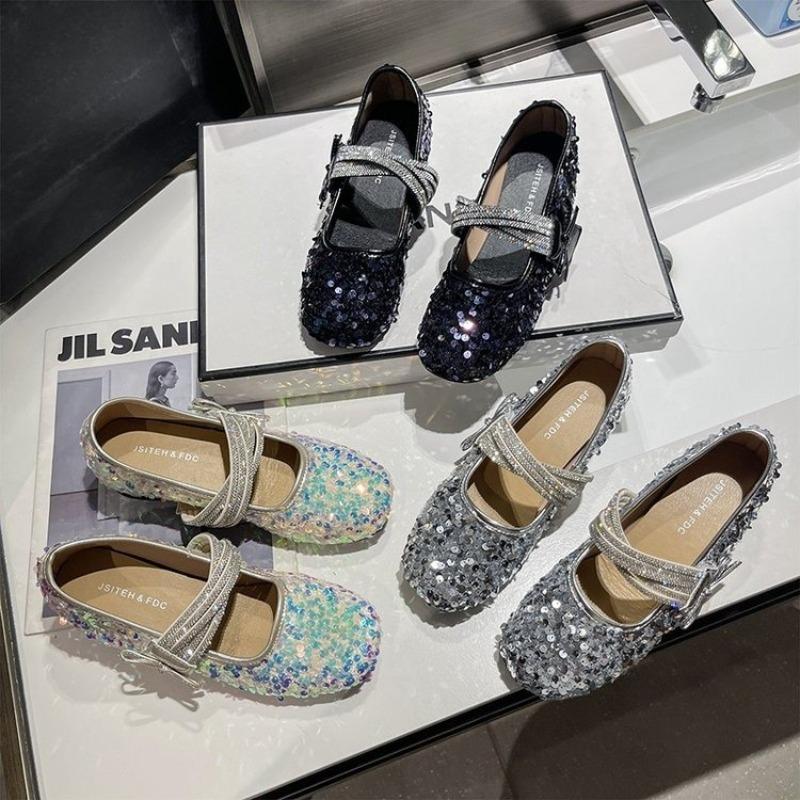 Fashion French Inside Heightened Sequin Mary Jane Shoes Women 2025 New Fall Bow One Strap Soft Sole Shoes